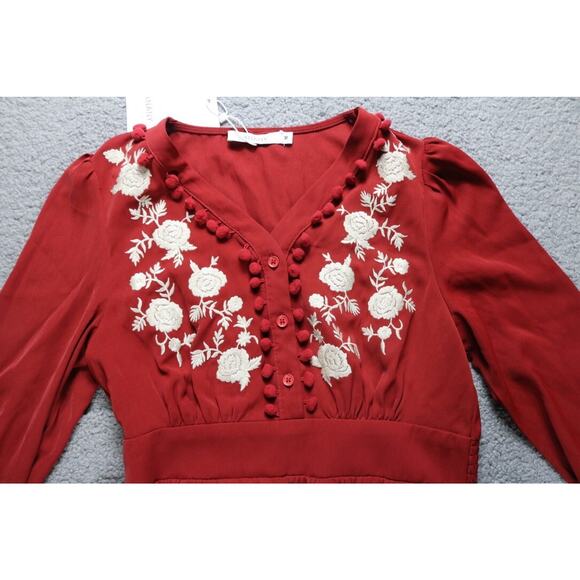 NEW Anany Dress Womens Medium Red Floral Beige Embroidery Maxi Boho - Picture 7 of 8